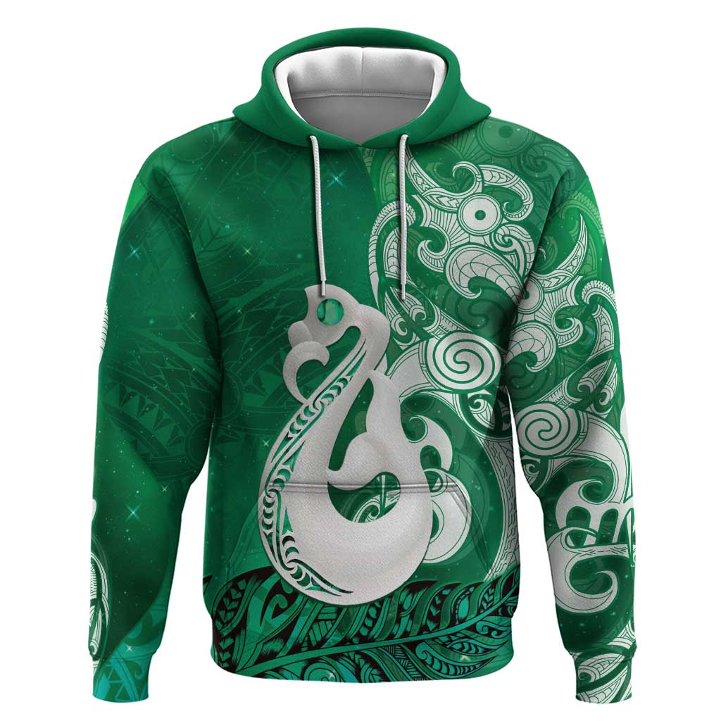 New Zealand Matariki Hoodie Maori Manaia Galaxy Silver Fern Green Color
