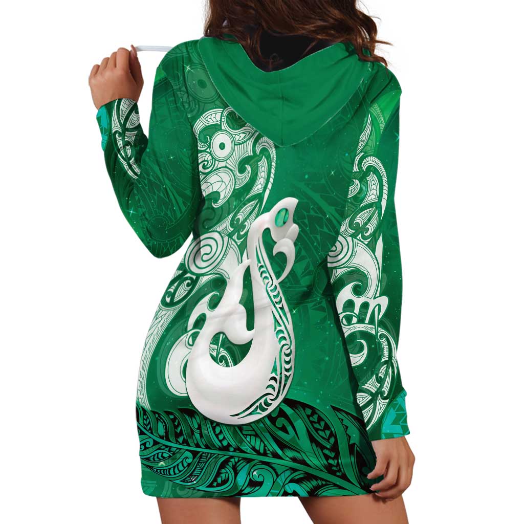 New Zealand Matariki Hoodie Dress Maori Manaia Galaxy Silver Fern Green Color