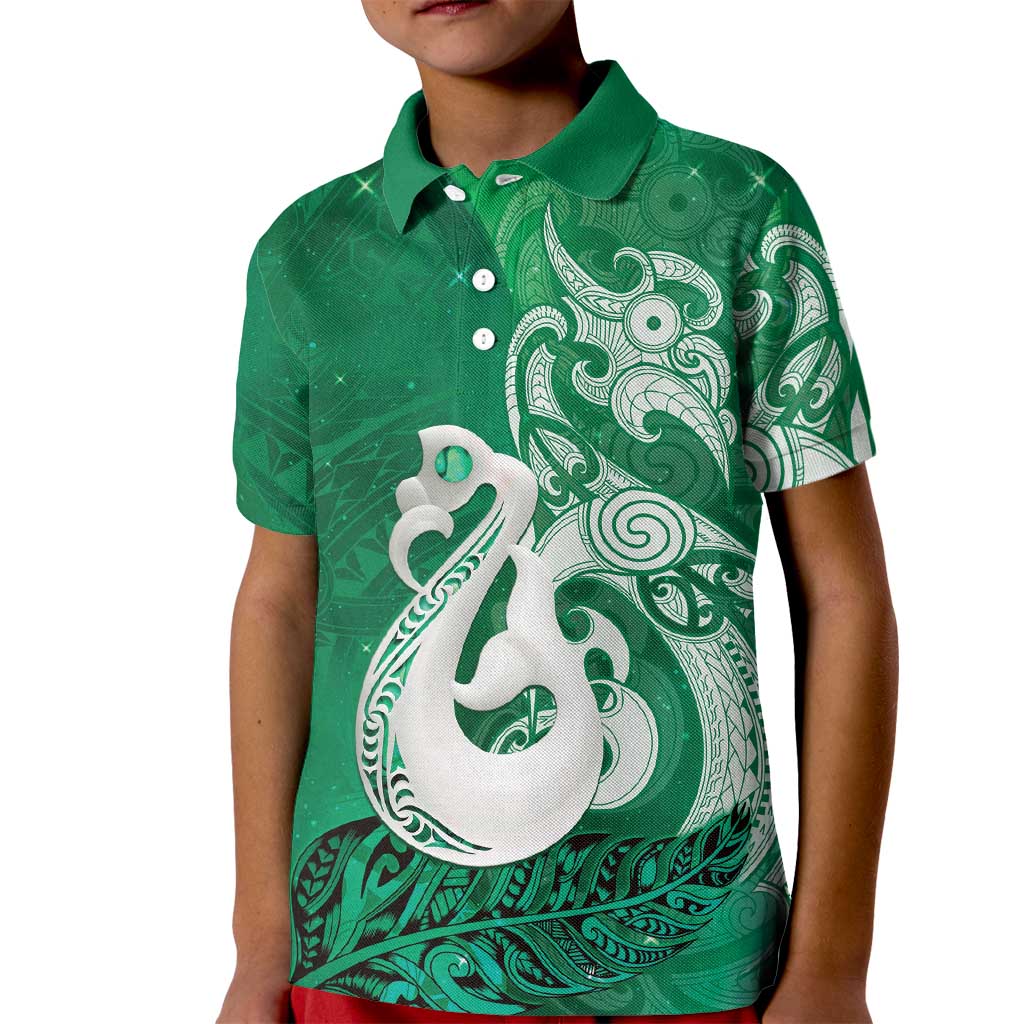 New Zealand Matariki Kid Polo Shirt Maori Manaia Galaxy Silver Fern Green Color