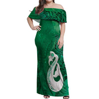 New Zealand Matariki Off Shoulder Maxi Dress Maori Manaia Galaxy Silver Fern Green Color