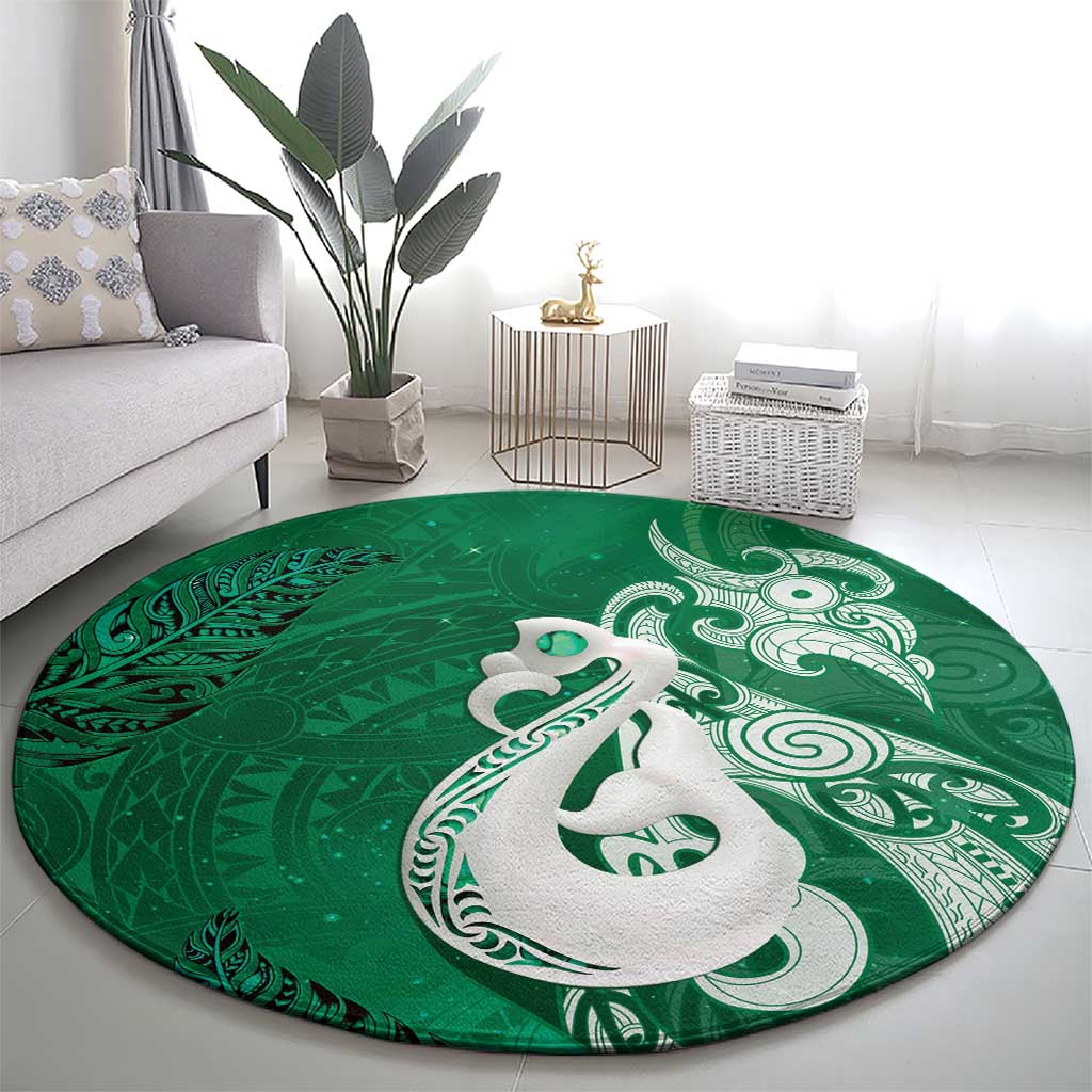 New Zealand Matariki Round Carpet Maori Manaia Galaxy Silver Fern Green Color