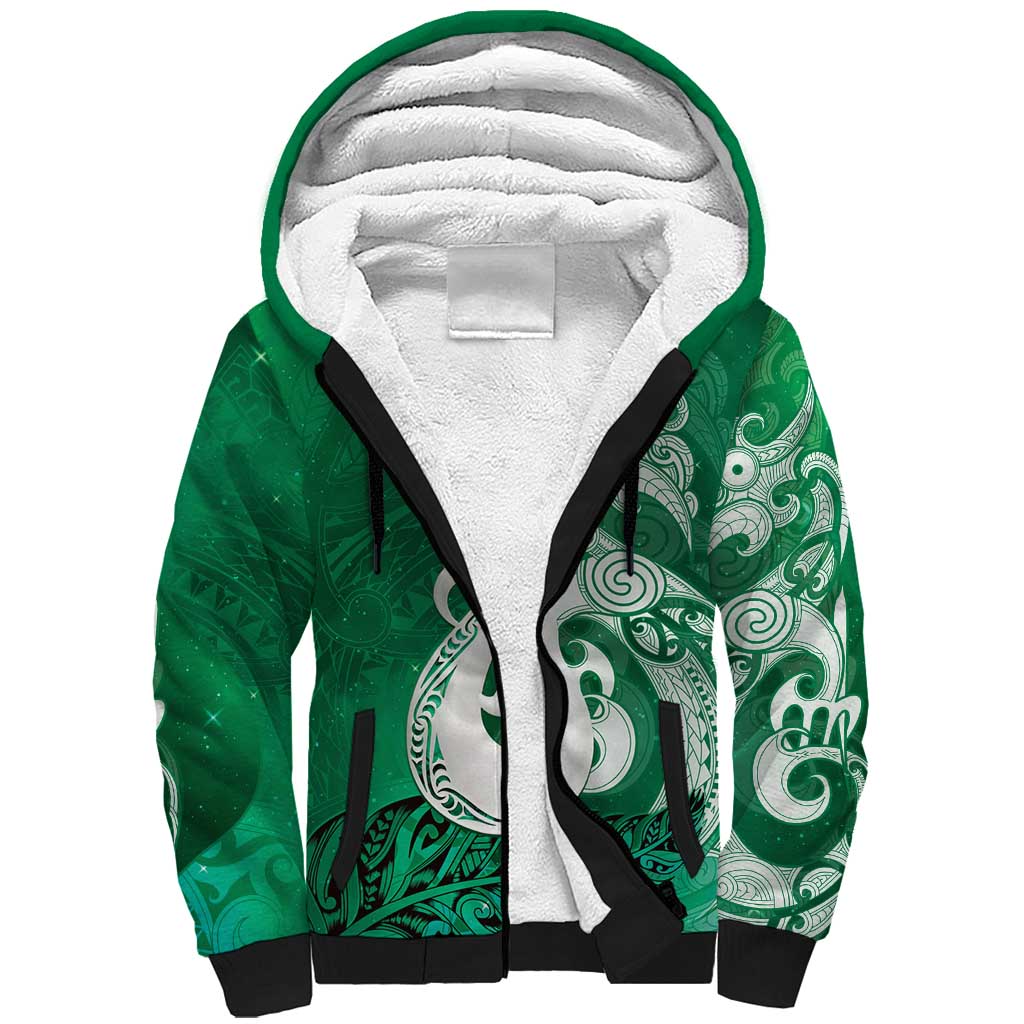 New Zealand Matariki Sherpa Hoodie Maori Manaia Galaxy Silver Fern Green Color
