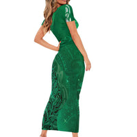 New Zealand Matariki Short Sleeve Bodycon Dress Maori Manaia Galaxy Silver Fern Green Color