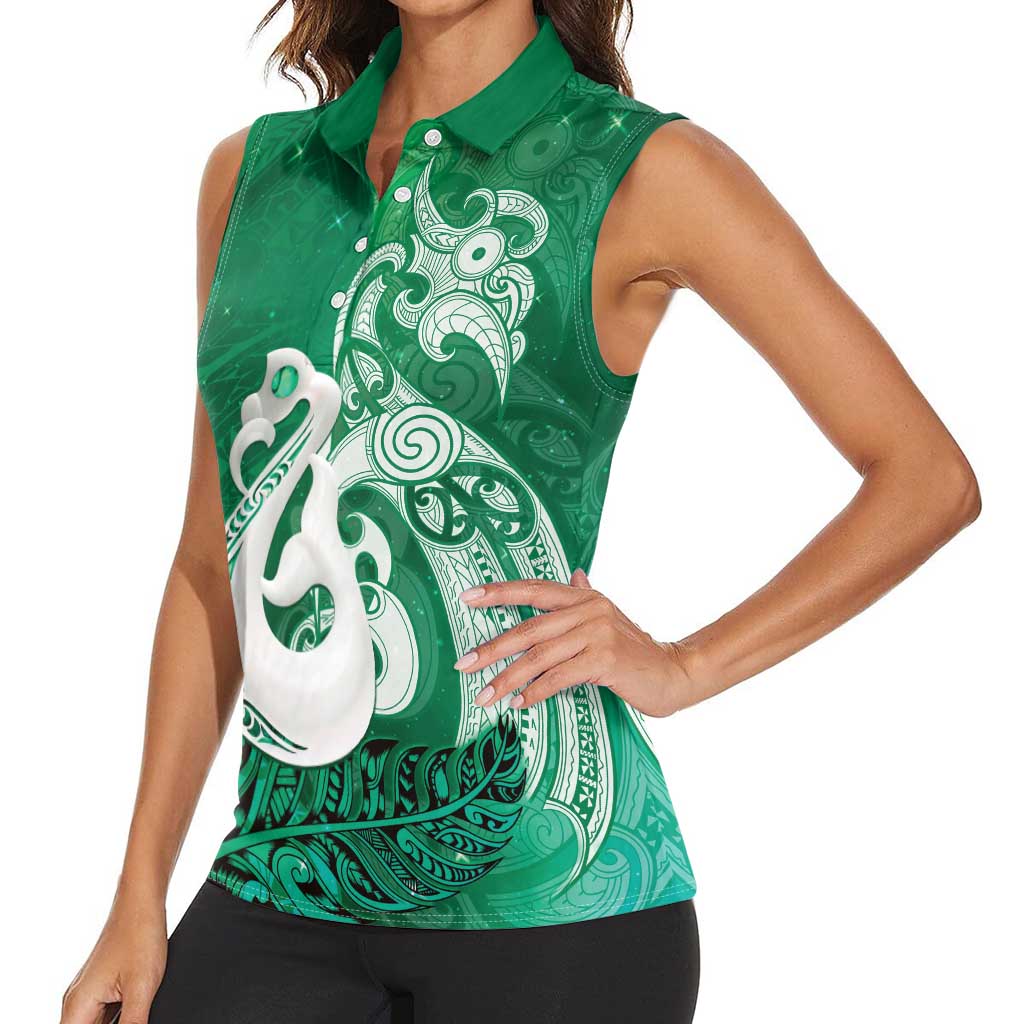 New Zealand Matariki Women Sleeveless Polo Shirt Maori Manaia Galaxy Silver Fern Green Color