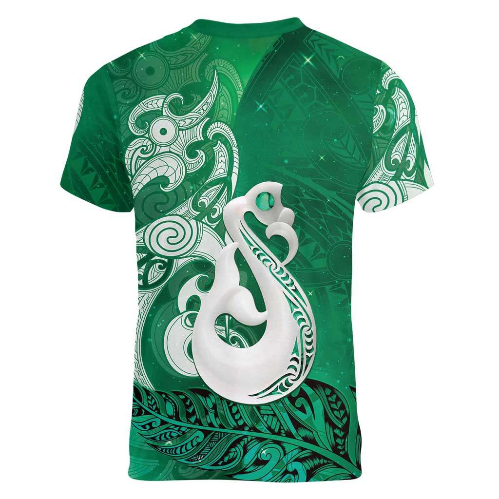 New Zealand Matariki Women V-Neck T-Shirt Maori Manaia Galaxy Silver Fern Green Color