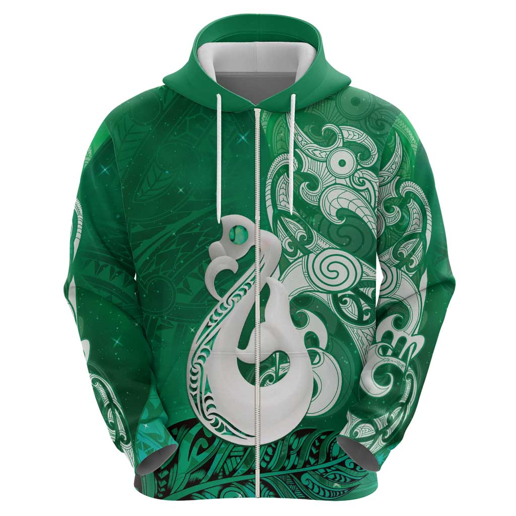 New Zealand Matariki Zip Hoodie Maori Manaia Galaxy Silver Fern Green Color