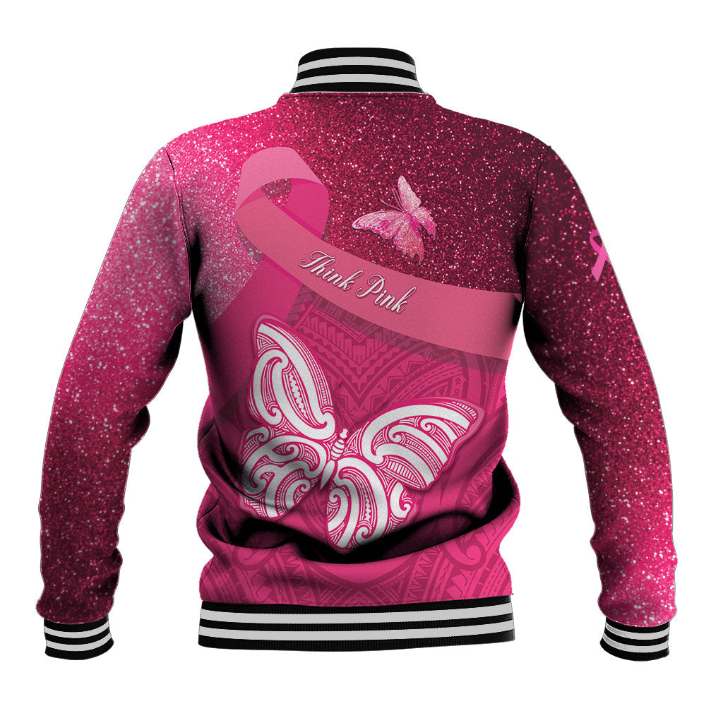 New Zealand Breast Cancer Awareness Baseball Jacket Pink Ribbon Butterfly Maori Pattern LT22 - Polynesian Pride