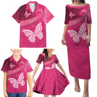 New Zealand Breast Cancer Awareness Family Matching Puletasi and Hawaiian Shirt Pink Ribbon Butterfly Maori Pattern