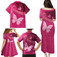 New Zealand Breast Cancer Awareness Family Matching Puletasi and Hawaiian Shirt Pink Ribbon Butterfly Maori Pattern