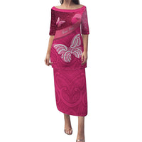 New Zealand Breast Cancer Awareness Family Matching Puletasi and Hawaiian Shirt Pink Ribbon Butterfly Maori Pattern
