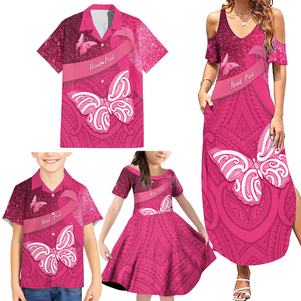 New Zealand Breast Cancer Awareness Family Matching Summer Maxi Dress and Hawaiian Shirt Pink Ribbon Butterfly Maori Pattern