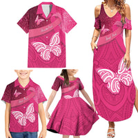 New Zealand Breast Cancer Awareness Family Matching Summer Maxi Dress and Hawaiian Shirt Pink Ribbon Butterfly Maori Pattern