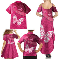 New Zealand Breast Cancer Awareness Family Matching Summer Maxi Dress and Hawaiian Shirt Pink Ribbon Butterfly Maori Pattern