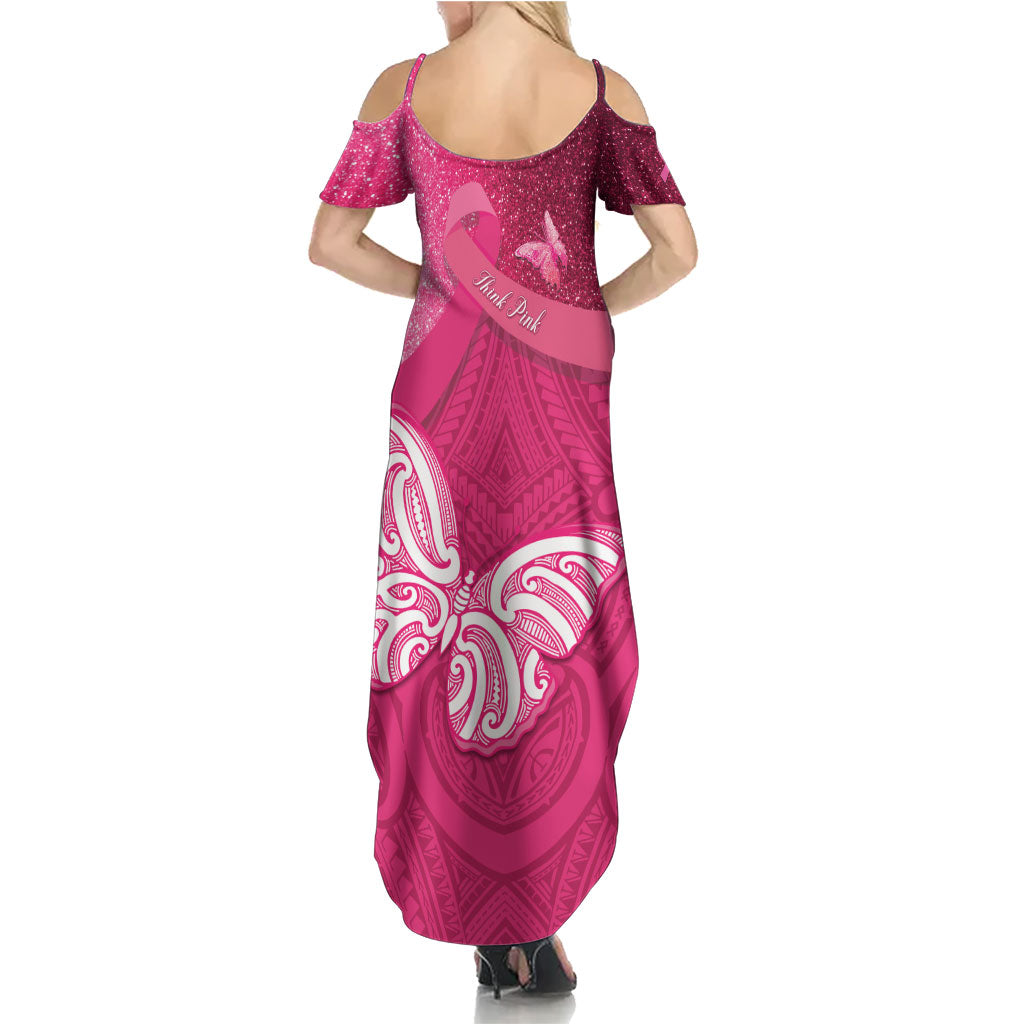New Zealand Breast Cancer Awareness Family Matching Summer Maxi Dress and Hawaiian Shirt Pink Ribbon Butterfly Maori Pattern