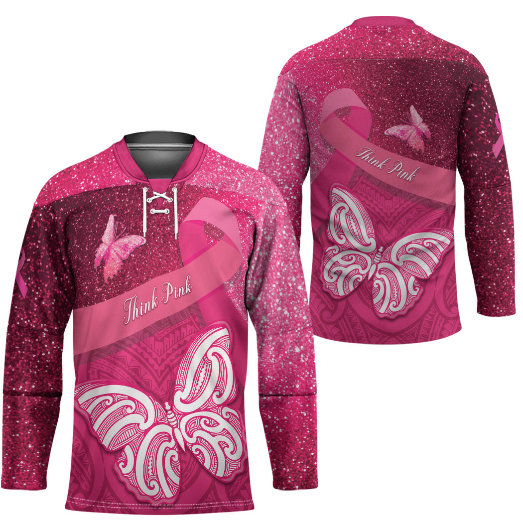 New Zealand Breast Cancer Awareness Hockey Jersey Pink Ribbon Butterfly Maori Pattern