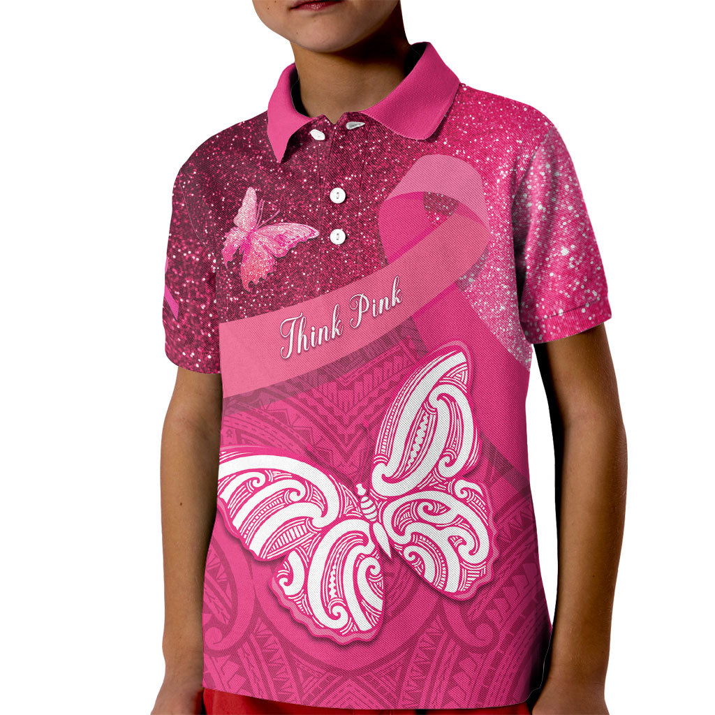 New Zealand Breast Cancer Awareness Kid Polo Shirt Pink Ribbon Butterfly Maori Pattern
