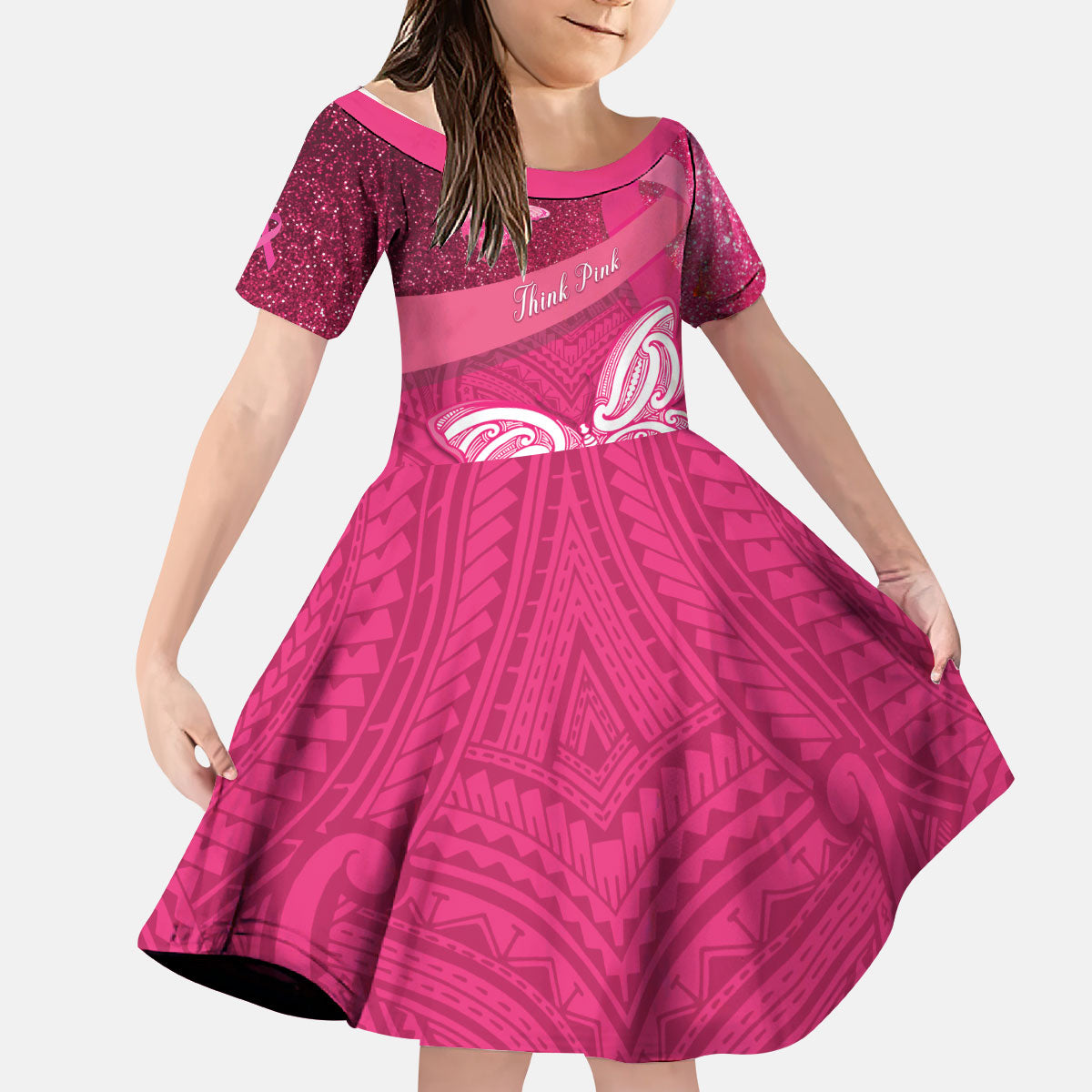 New Zealand Breast Cancer Awareness Kid Short Sleeve Dress Pink Ribbon Butterfly Maori Pattern