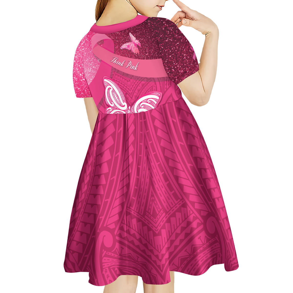 New Zealand Breast Cancer Awareness Kid Short Sleeve Dress Pink Ribbon Butterfly Maori Pattern