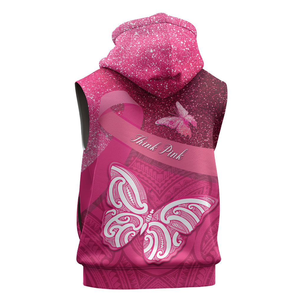 New Zealand Breast Cancer Awareness Sleeveless Zip Hoodie Pink Ribbon Butterfly Maori Pattern LT22 - Polynesian Pride