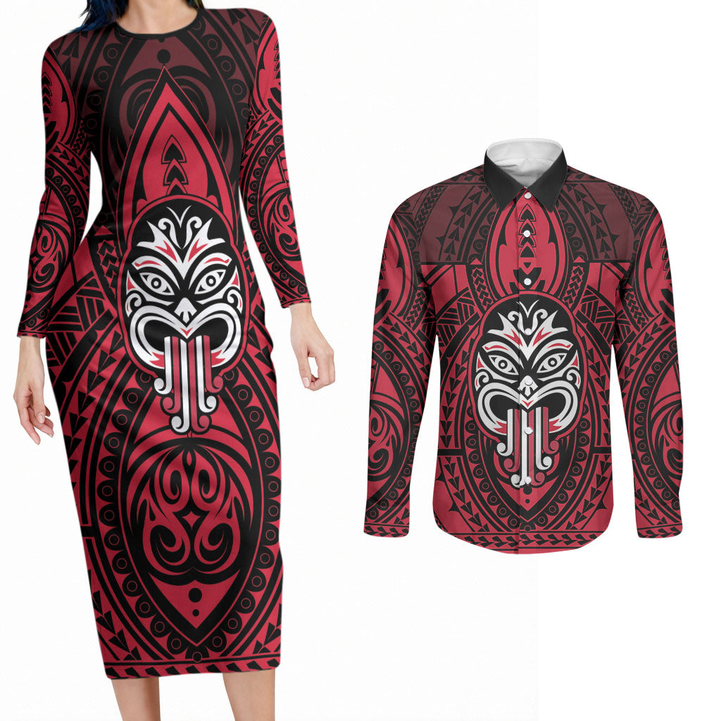 New Zealand Maori Language Week Couples Matching Long Sleeve Bodycon Dress and Long Sleeve Button Shirt Te Wiki O Te Reo Maori Hei Tiki LT22 Red - Polynesian Pride