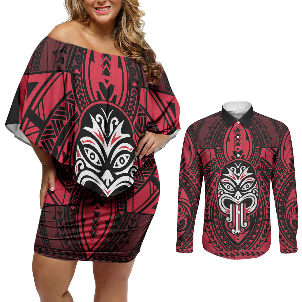 New Zealand Maori Language Week Couples Matching Off Shoulder Short Dress and Long Sleeve Button Shirt Te Wiki O Te Reo Maori Hei Tiki LT22 Red - Polynesian Pride