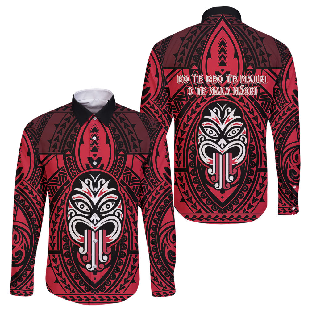 New Zealand Maori Language Week Family Matching Puletasi and Hawaiian Shirt Te Wiki O Te Reo Maori Hei Tiki LT22 Dad's Shirt - Long Sleeve Red - Polynesian Pride