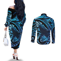 New Zealand Matariki Couples Matching Off The Shoulder Long Sleeve Dress and Long Sleeve Button Shirt Maori Humpback Whale Galaxy