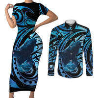 New Zealand Matariki Couples Matching Short Sleeve Bodycon Dress and Long Sleeve Button Shirt Maori Humpback Whale Galaxy