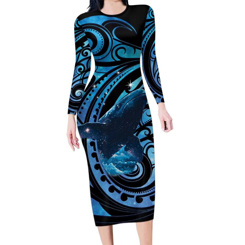 New Zealand Matariki Family Matching Long Sleeve Bodycon Dress and Hawaiian Shirt Maori Humpback Whale Galaxy