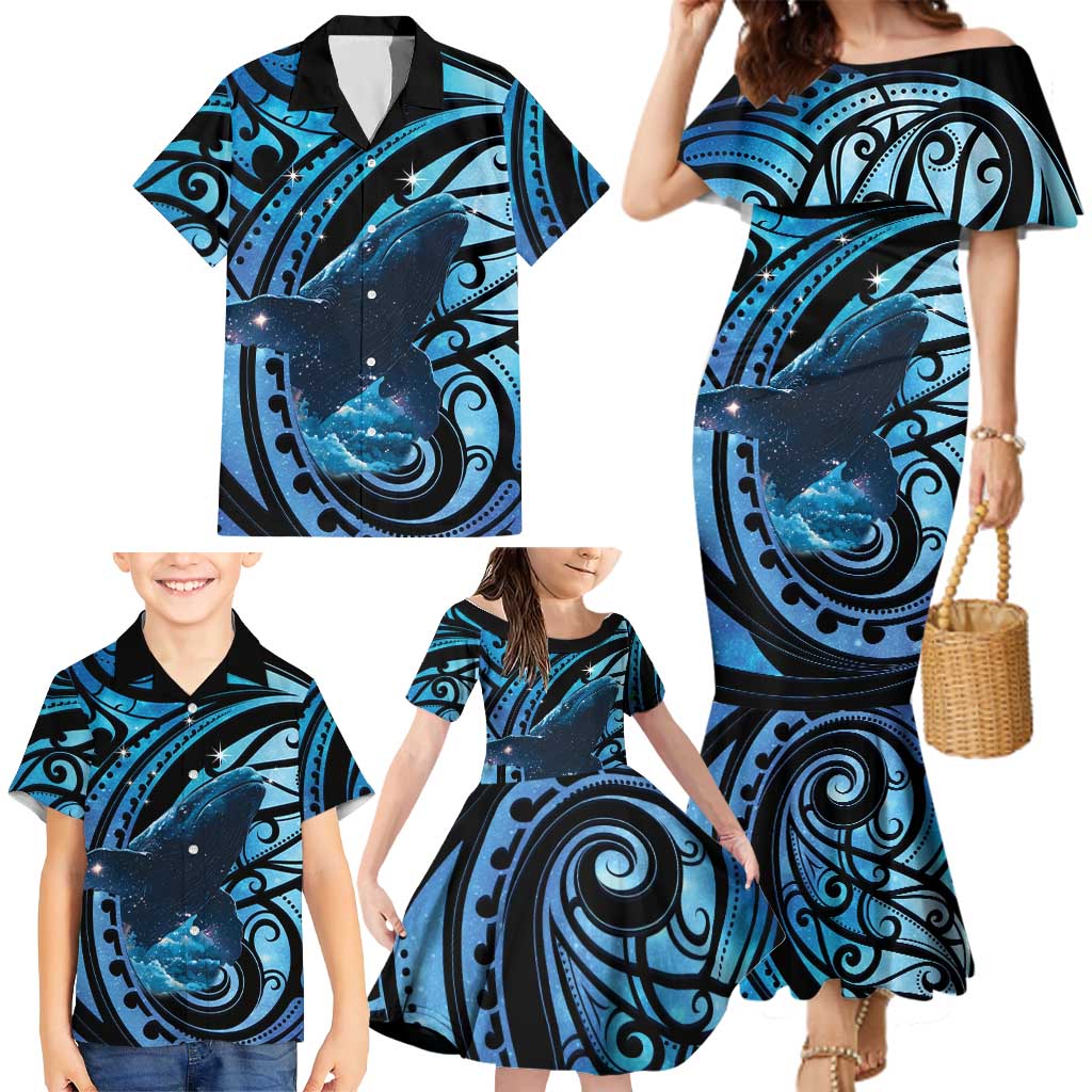 New Zealand Matariki Family Matching Mermaid Dress and Hawaiian Shirt Maori Humpback Whale Galaxy