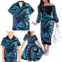 New Zealand Matariki Family Matching Off The Shoulder Long Sleeve Dress and Hawaiian Shirt Maori Humpback Whale Galaxy