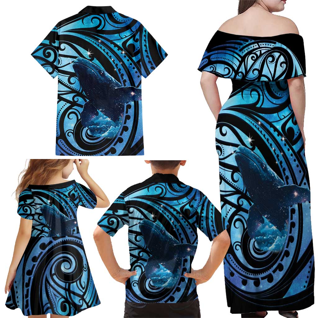 New Zealand Matariki Family Matching Off Shoulder Maxi Dress and Hawaiian Shirt Maori Humpback Whale Galaxy