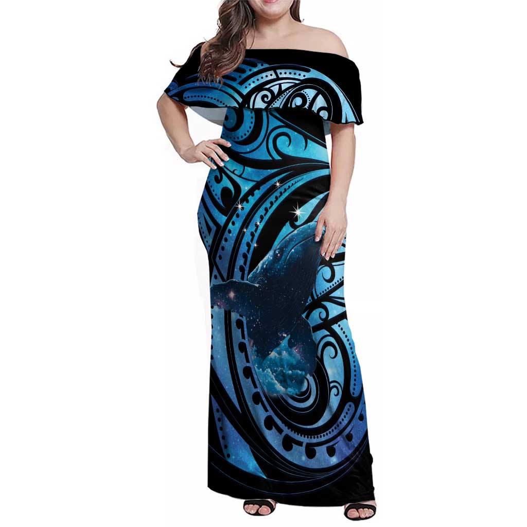 New Zealand Matariki Family Matching Off Shoulder Maxi Dress and Hawaiian Shirt Maori Humpback Whale Galaxy