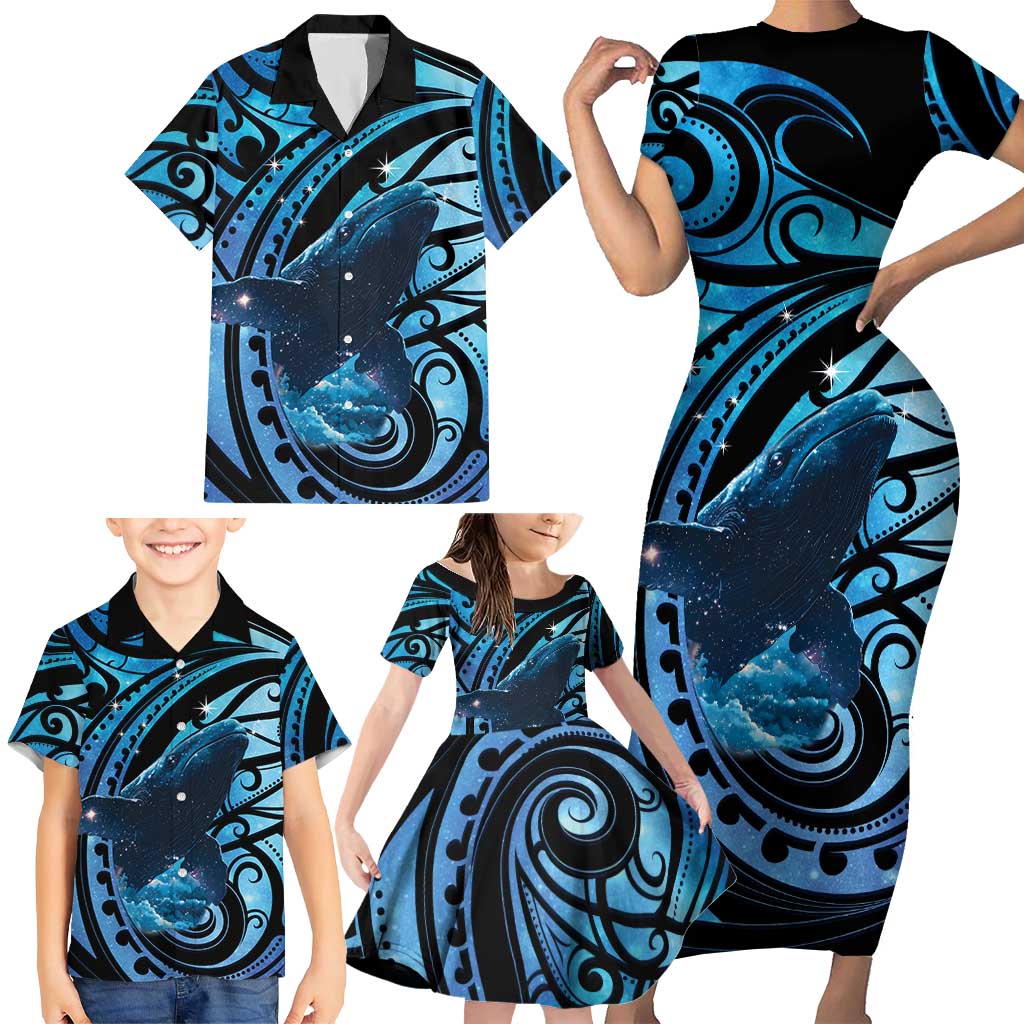 New Zealand Matariki Family Matching Short Sleeve Bodycon Dress and Hawaiian Shirt Maori Humpback Whale Galaxy