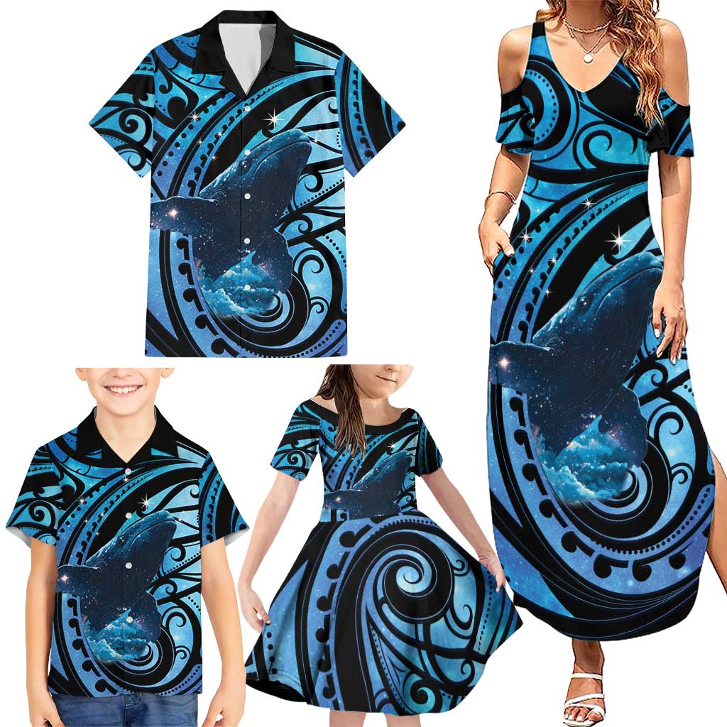New Zealand Matariki Family Matching Summer Maxi Dress and Hawaiian Shirt Maori Humpback Whale Galaxy