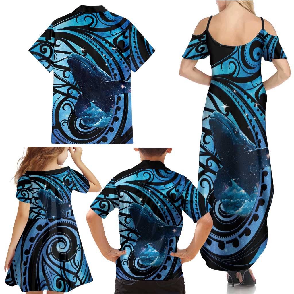 New Zealand Matariki Family Matching Summer Maxi Dress and Hawaiian Shirt Maori Humpback Whale Galaxy