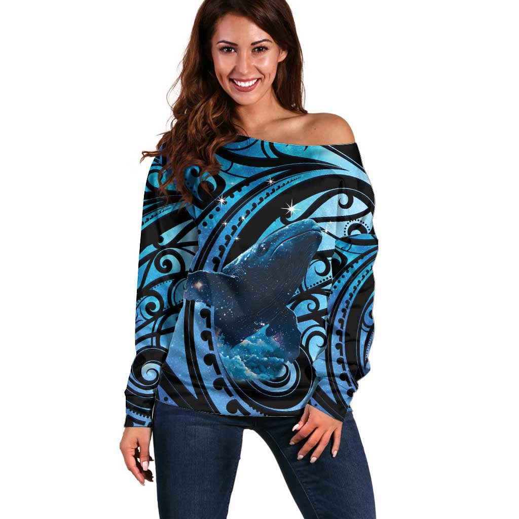 New Zealand Matariki Off Shoulder Sweater Maori Humpback Whale Galaxy
