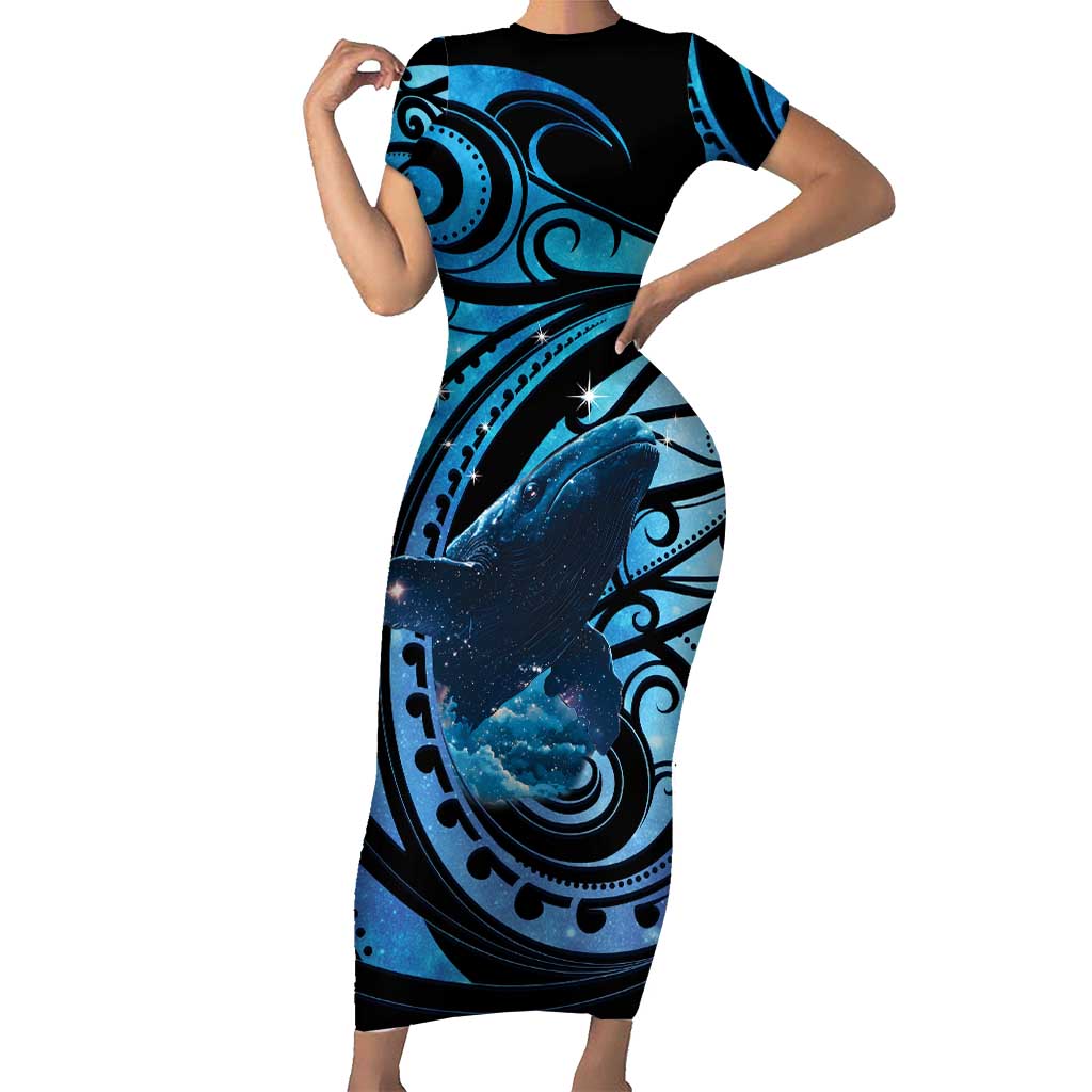 New Zealand Matariki Short Sleeve Bodycon Dress Maori Humpback Whale Galaxy