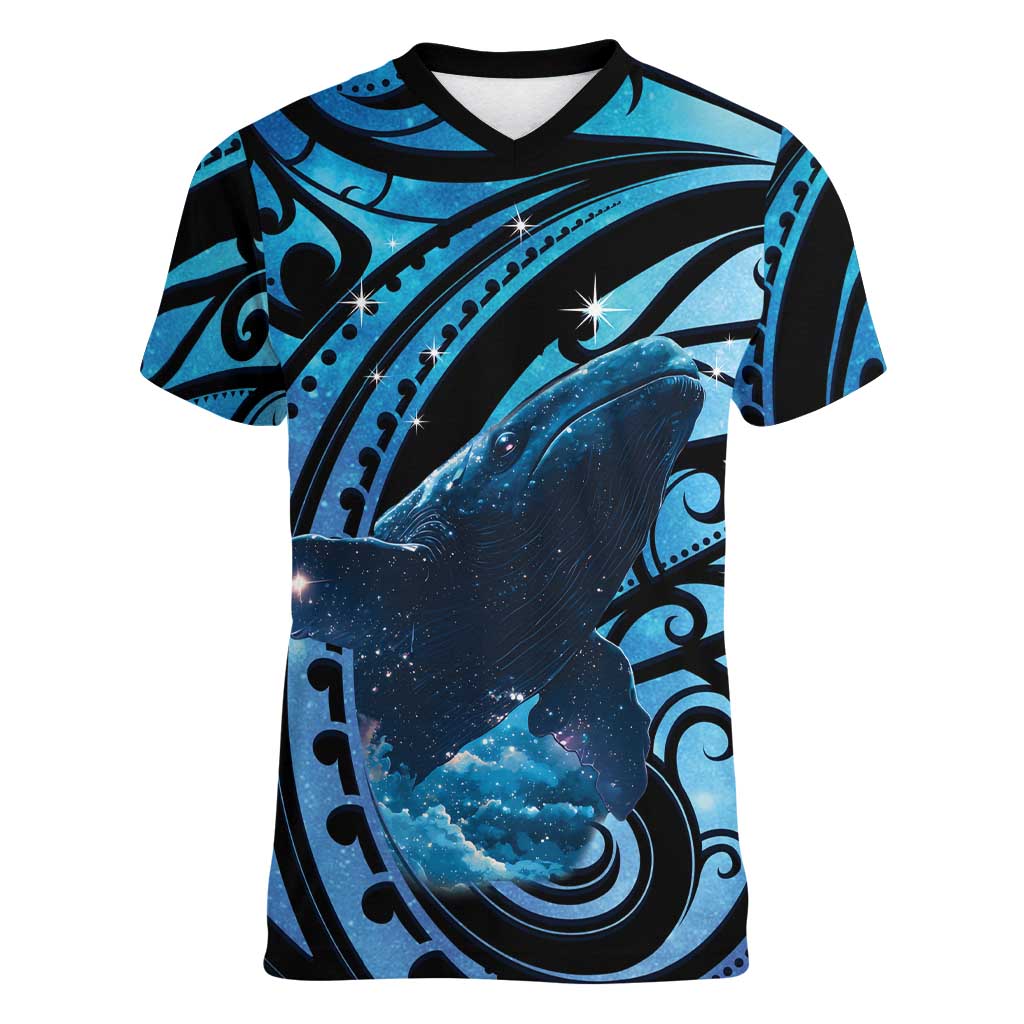 New Zealand Matariki Women V-Neck T-Shirt Maori Humpback Whale Galaxy