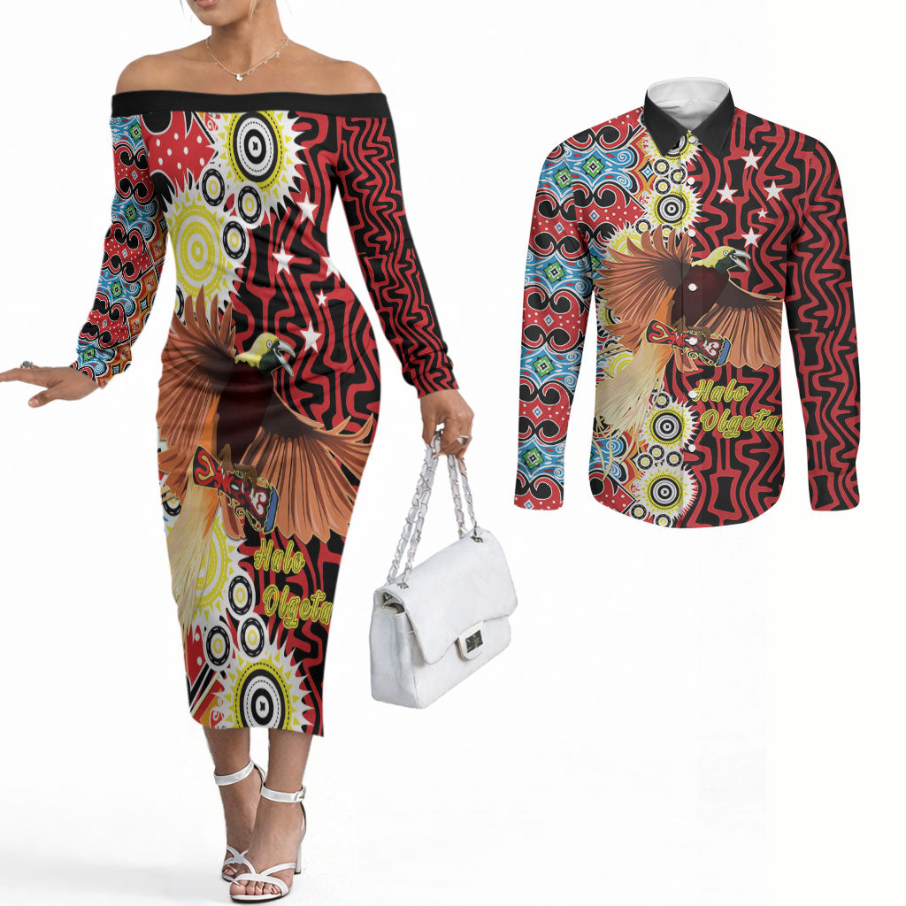 Personalised Papua New Guinea Pidgin Language Week Couples Matching Off The Shoulder Long Sleeve Dress and Long Sleeve Button Shirt Halo Olgeta Tok Pisin Wik Bird Of Paradise Oro Batik LT22 Red - Polynesian Pride