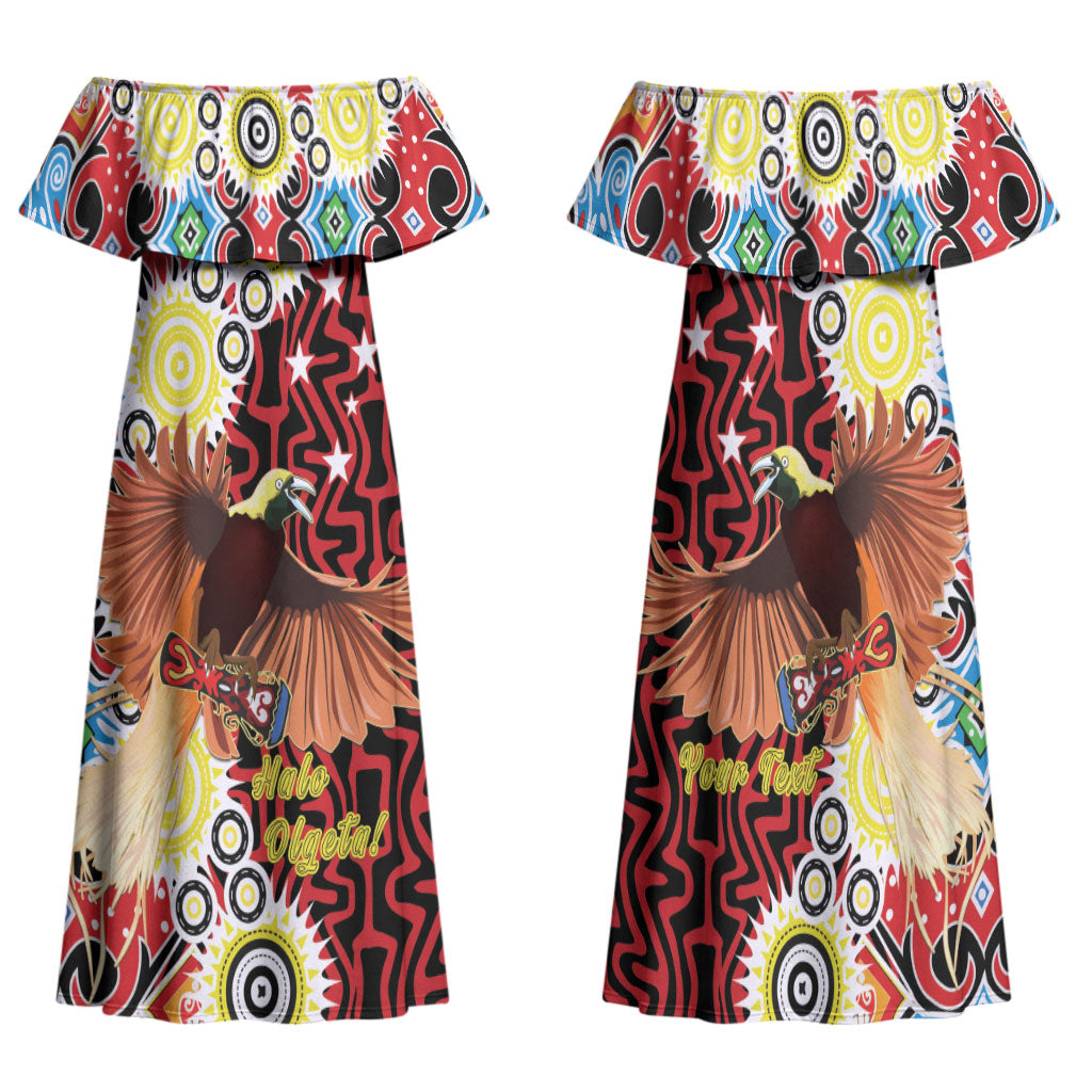Personalised Papua New Guinea Pidgin Language Week Family Matching Off Shoulder Maxi Dress and Hawaiian Shirt Halo Olgeta Tok Pisin Wik Bird Of Paradise Oro Batik LT22 Mom's Dress Red - Polynesian Pride
