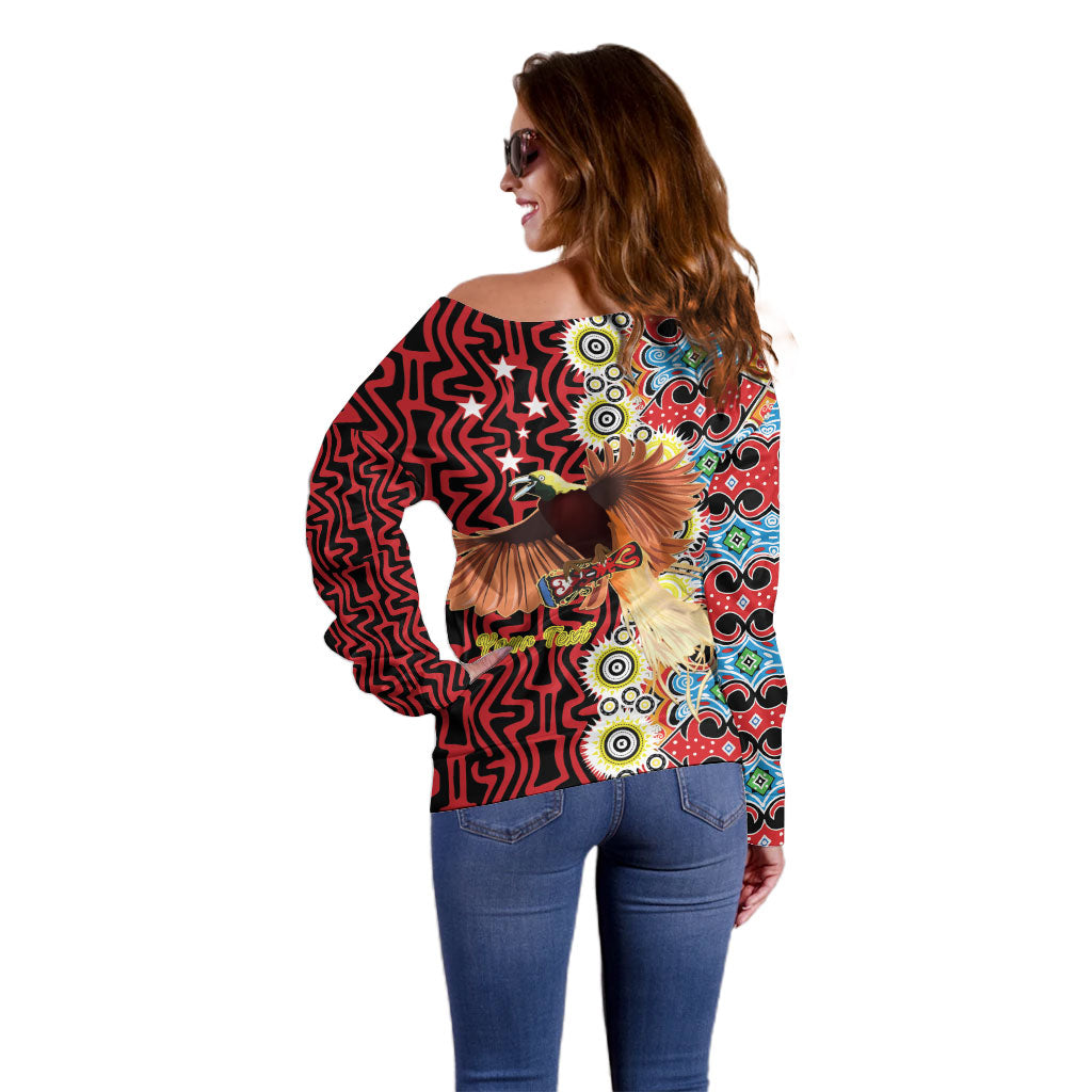 Personalised Papua New Guinea Pidgin Language Week Off Shoulder Sweater Halo Olgeta Tok Pisin Wik Bird Of Paradise Oro Batik LT22 - Polynesian Pride