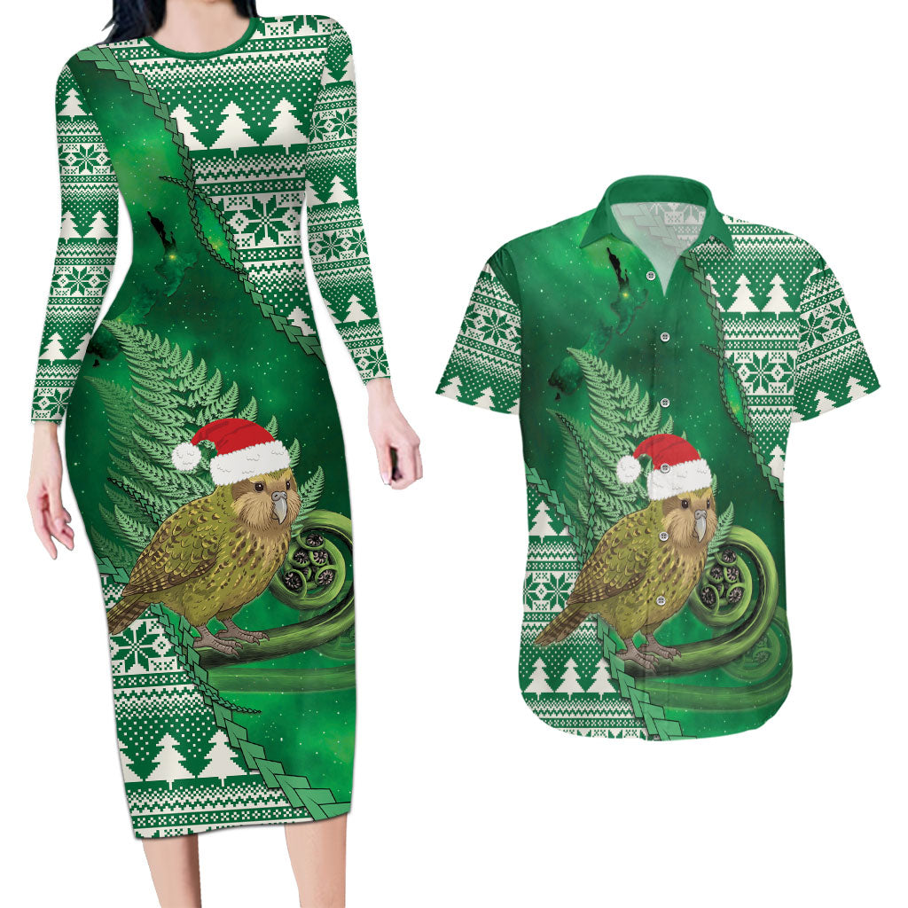 New Zealand Kakapo Christmas In July Couples Matching Long Sleeve Bodycon Dress and Hawaiian Shirt Silver Fern Santa Xmas Green Color