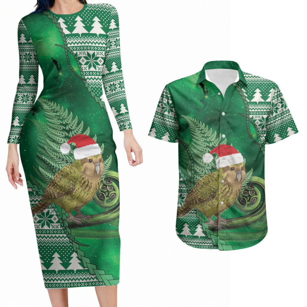 New Zealand Kakapo Christmas In July Couples Matching Long Sleeve Bodycon Dress and Hawaiian Shirt Silver Fern Santa Xmas Green Color LT22 Green - Polynesian Pride