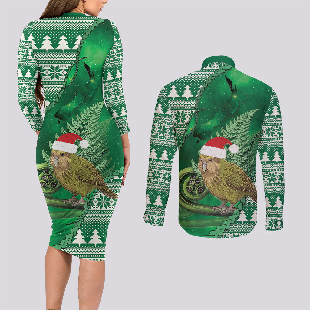 New Zealand Kakapo Christmas In July Couples Matching Long Sleeve Bodycon Dress and Long Sleeve Button Shirt Silver Fern Santa Xmas Green Color