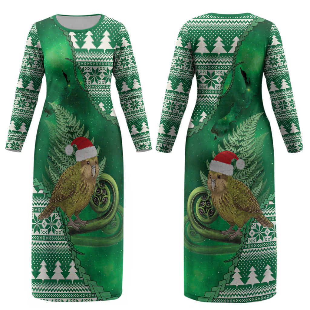 New Zealand Kakapo Christmas In July Couples Matching Long Sleeve Bodycon Dress and Long Sleeve Button Shirt Silver Fern Santa Xmas Green Color LT22 - Polynesian Pride