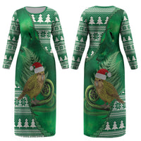 New Zealand Kakapo Christmas In July Couples Matching Long Sleeve Bodycon Dress and Long Sleeve Button Shirt Silver Fern Santa Xmas Green Color LT22 - Polynesian Pride