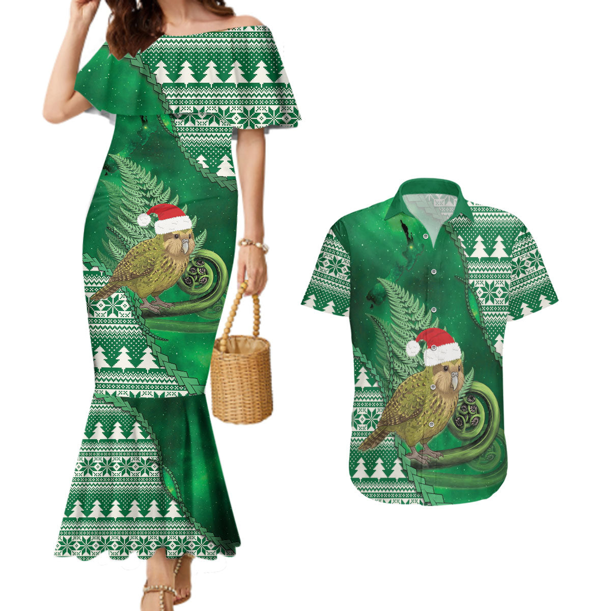 New Zealand Kakapo Christmas In July Couples Matching Mermaid Dress and Hawaiian Shirt Silver Fern Santa Xmas Green Color