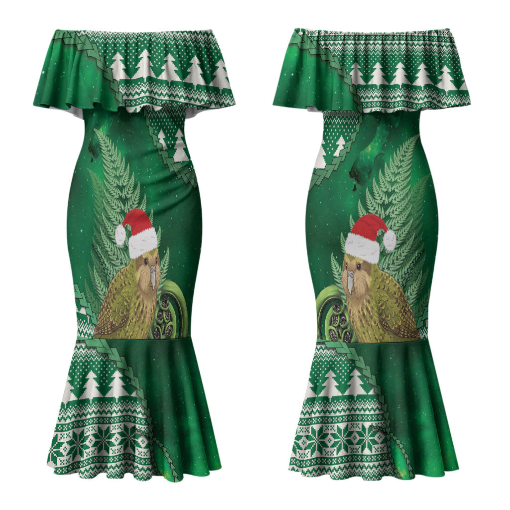 New Zealand Kakapo Christmas In July Couples Matching Mermaid Dress and Hawaiian Shirt Silver Fern Santa Xmas Green Color LT22 - Polynesian Pride