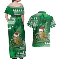 New Zealand Kakapo Christmas In July Couples Matching Off Shoulder Maxi Dress and Hawaiian Shirt Silver Fern Santa Xmas Green Color